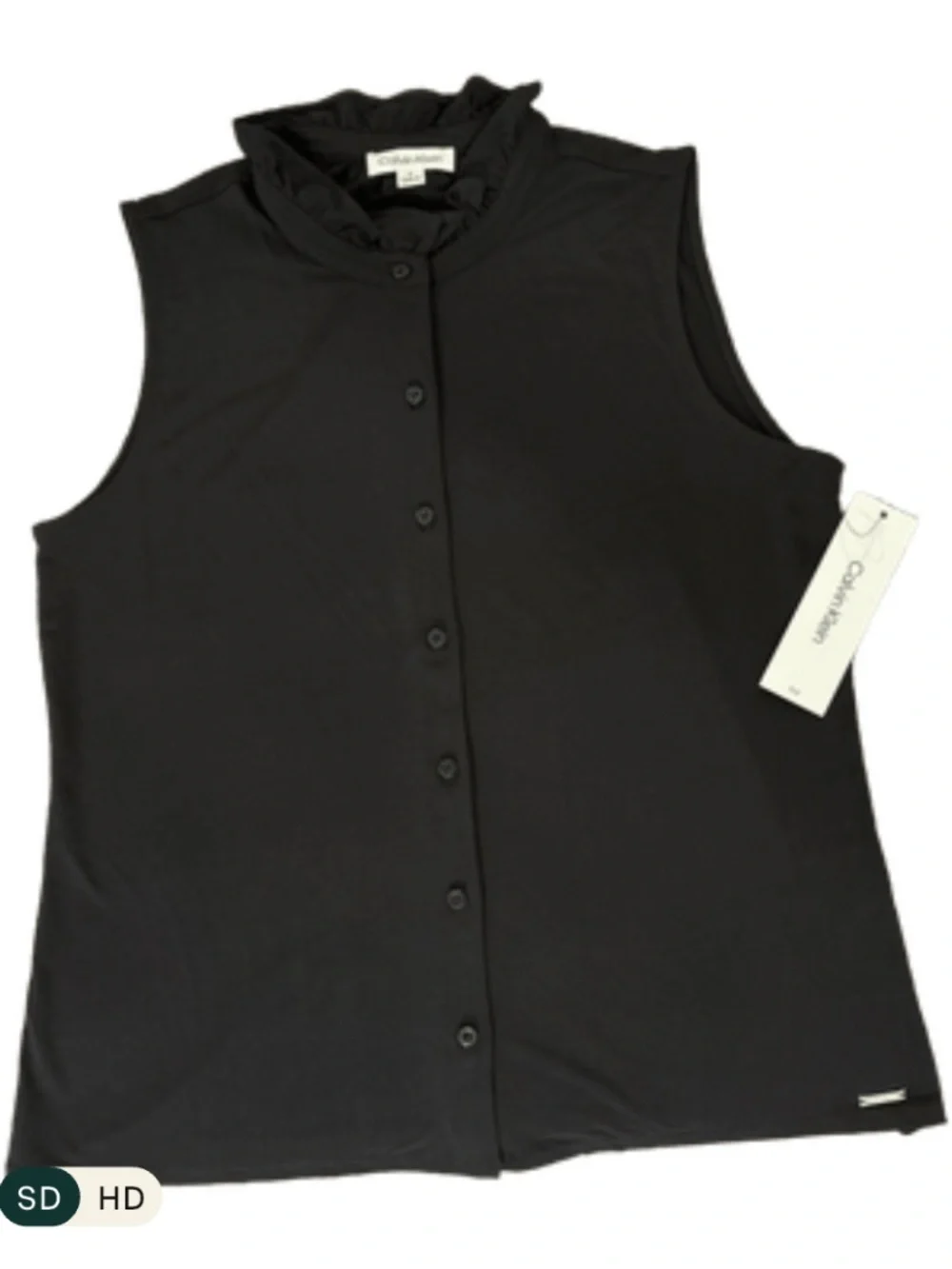 CALVIN KLEIN Jet Black Ruffle Collar Blouse WOMEN'S · SIZE SMALL · BUTTON FRONT - Picture 2 of 5